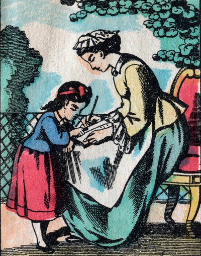 来自良好家庭的女孩的活动：阅读课--埃皮纳尔图片--19世纪（雕刻）。 作者 法语学校
