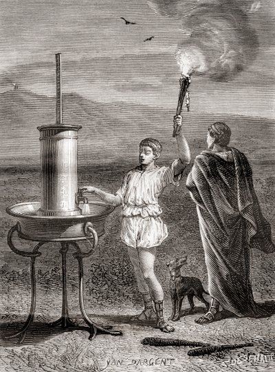 The ancient Greek hydraulic semaphore system being used by Aeneas to send a message, 4th century BC, from Les Merveilles de la Science, published c.1870 (engraving) 作者 法语学校