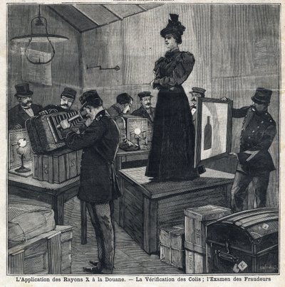 X射线（X-rays）的应用有海关：验证包裹和检查欺诈者。在1897年7月11日的 "Le Peute Parisien "上。私人收藏 作者 法语学校