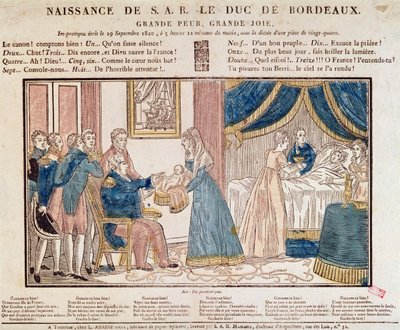 法国的Henri Charles Ferdinand Marie Dieudonne，1820年9月29日波尔多公爵，Chambord伯爵的诞生（彩色木版画） 作者 法语学校
