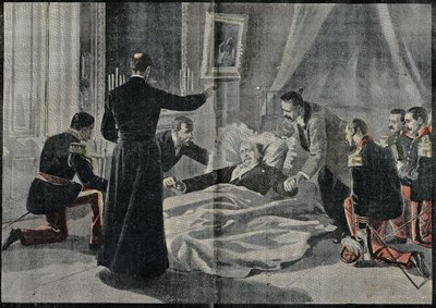 法国总统费利克斯-福尔（1841-1899）去世，阿贝-雷诺为他开脱。1899年2月26日 "Le Pelerin "上的版画。 作者 French School