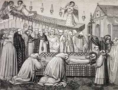 蒙特卡西诺修道院的圣本尼迪克特的死亡，来自中世纪的“军事与宗教生活”，由Paul Lacroix出版，出版于伦敦，1880年 作者 法语学校