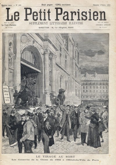 抽签：1892年班的应征者在巴黎市政厅。1893年2月5日的《小巴黎人报》之一（雕刻）。 作者 法语学校
