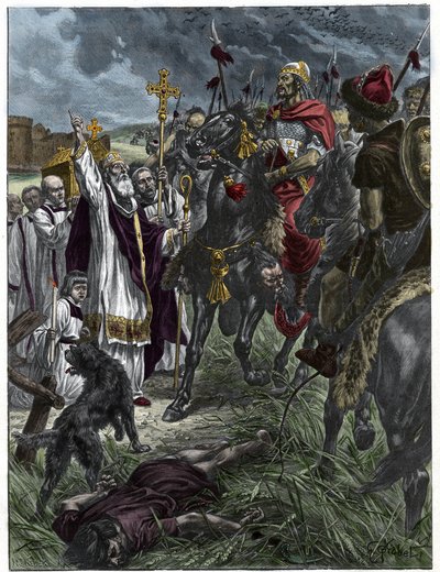 The eveque Saint Loup of Troyes arretes Attila king of the Huns before Troyes - Barbarian Invasions - Engraving after the painting of H. Grobert. 作者 法语学校