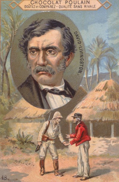 探险家大卫·利文斯通（1813-73）和他于1871年10月27日在Ujiji与斯坦利（1840-1904）的会面，贸易卡广告Poulain巧克力 作者 French School