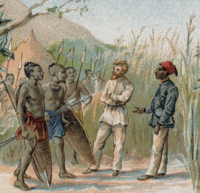 The explorer Paul Crampel (1864 - 1891) parliamentarizing with the natives of Congo. Chromolithography of the 19th century. 作者 法语学校
