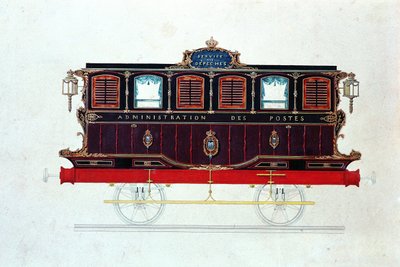 法国的第一辆邮车，电话：1830-48（笔和墨水，纸上写着） 作者 法语学校