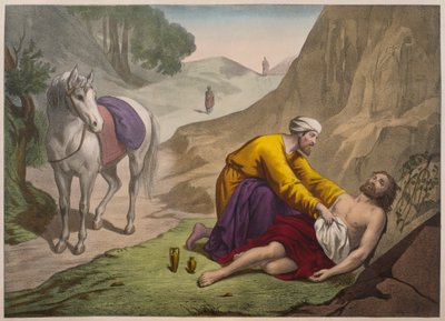 好的撒玛利亚人，来自教理问答LHistoire Sainte的插图，由巴黎的Charles Delagrave出版，19世纪末期 作者 法语学校