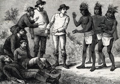 1888 年，秘鲁居民用金鸡纳（雕刻）帮助殖民欧洲的人患疟疾 作者 法语学校