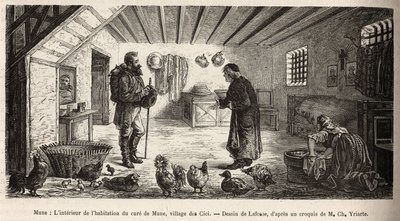 Les Cici村Mune治疗师的房子内部，叙述者在主房间里，一个女人跪在那里洗衣服，旁边是完全自由地生活在那里的家禽，根据Lafosse的插图雕刻的。 作者 法语学校
