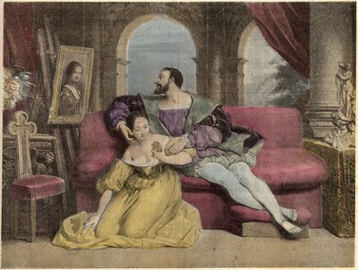 法国国王弗朗索瓦一世（1494-1547）和美丽的铁制品。1838年在 "Laughs Et Galanterie "中的达维亚石版画。在约翰-格兰特-卡特雷的指导下，每周收集加兰特图片。1903-1904. 作者 法语学校