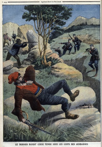 最后一名科西嘉强盗倒在了宪兵的打击之下。1909年12月5日的 "小报"（雕刻版）。 作者 法语学校