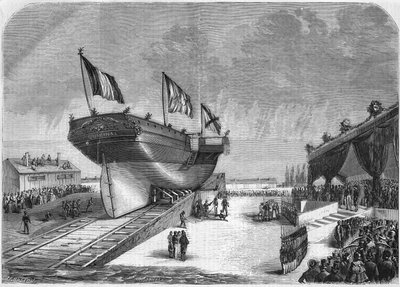 1857年Quirinal号邮轮在La Seyne下水（Compagnie des Messageries Maritimes）。1857年的雕版画。 作者 法语学校