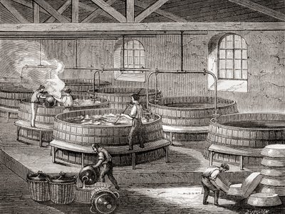 19 世纪用大罐制造肥皂，选自《科学的奇迹》，约 1870 年出版（雕刻） 作者 法语学校