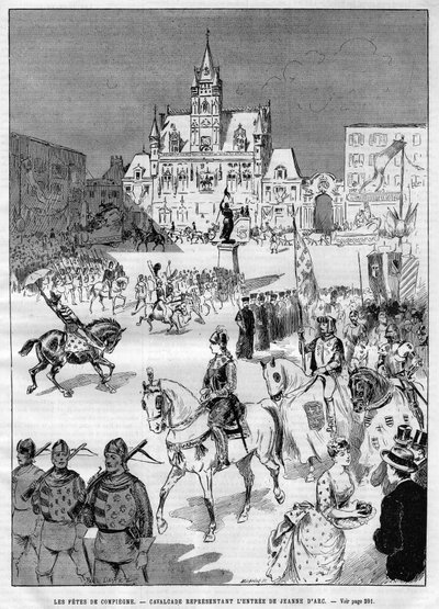 1886年贡比涅的中世纪盛宴：代表圣女贞德（1412-1431）入场的骑兵队。雕刻在 "世界插图 "中 作者 法语学校