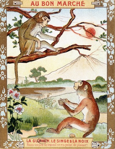 猴子和坚果（拉封丹的寓言）--Bon Marché的广告插图 作者 法语学校