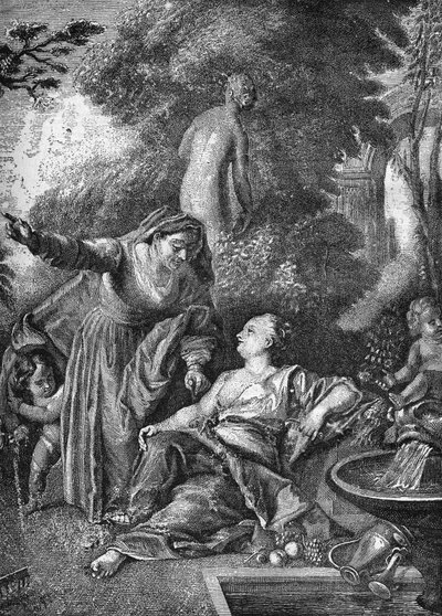 旧时的妓女变成了媒人（拉皮条）。雕刻在 "Histoire de la prostitution et de la debauche dans les peuples du globe depuis l