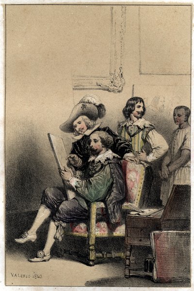 画家Diego Velasquez (1599-1660)在其工作室欢迎Pierre Paul (Pierre-Paul) Rubens (或Peter Paul或Petrus Paulus) (1577-1640)。图版取自瓦莱里奥的 "著名的人类生活场景 "双色版画。1843. 作者 法语学校