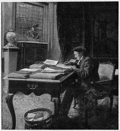 剧作家维多利亚-萨杜（1831-1908）在他的办公室。1月2日 "La gazette du dimanche "上的雕版画 作者 法语学校