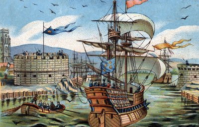 1520年的勒阿弗尔港。1890年左右的彩色平版印刷。 作者 法语学校