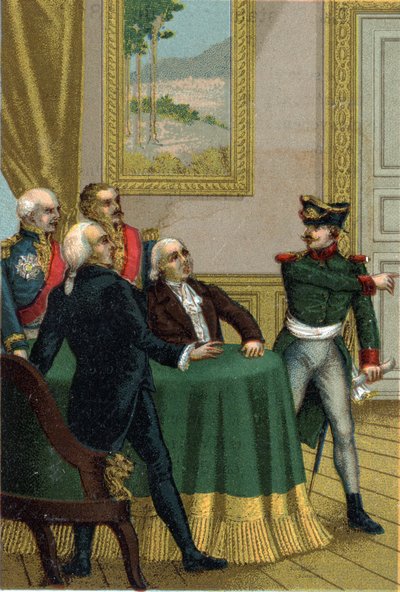 1815年的复辟。拿破仑一世的警察部长约瑟夫-福什（Joseph Fouche）在1815年7月7日将一名普鲁士军官引进了国王路易十八领导的临时政府委员会的房间。 作者 法语学校