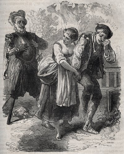 马丁-盖尔（约1524年约1560年）的回归：他出现在他的妻子贝特兰德-德-罗尔斯和篡夺他身份的人--冒牌货阿尔诺-杜-蒂尔（Thil）面前。1871年亨利-德-科克（Henry de Kock）在 "Histoire Des Cocus Celebres "中的雕版画（1819）。 作者 法语学校