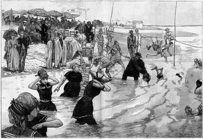 法国诺曼底海滩上的海水浴场，载于 "世界画报"。 作者 法语学校
