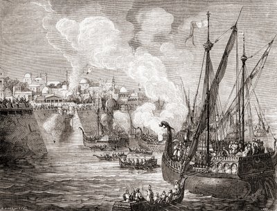 1453 年奥斯曼帝国苏丹穆罕默德二世围攻君士坦丁堡，选自《科学的奇迹》，约 1870 年出版（雕刻）。 作者 法语学校