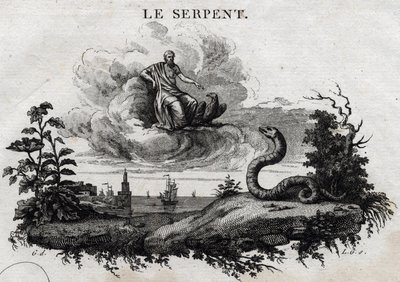 蛇。埃索普的寓言。(希腊作家Esopo或Ecopus，公元前6世纪）由Guillaume Montfort和Beauble于1801年撰写的Gravees。 作者 法语学校
