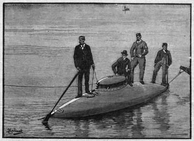 潜艇在空荡荡的 "Goubet "号上航行，漂浮着并载着四个人。1895年11月28日 "La gazette du dimanche "上的雕刻品。 作者 法语学校