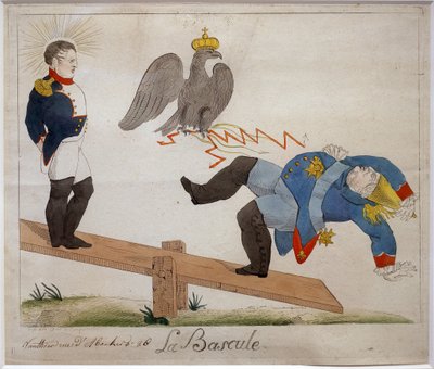 The toggle. Portrait of Napoleon Bonaparte (1769-1821) standing on a rocking board, watching his enemy fall, blasted by an eagle crown. Cartoon. Eau forte, early 19th century, France. Napoleonic Museum, Antibes. 作者 French School