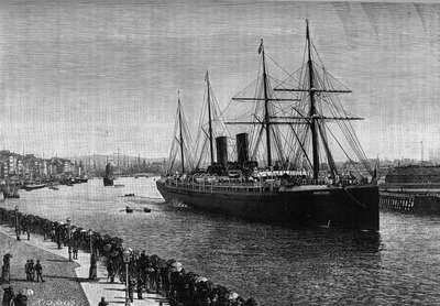 The transatlantic liner “” La Gascogne”” in the port of Le Havre in 1887. Engraving in the illustrious journal “” La jeunesse”” 作者 法语学校