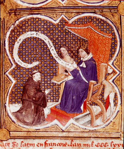 译者将他的书提供给查理五世国王 (1338-1380) 的缩影，取自英国巴泰勒米 (Barthelemy the English) 所著的“Le livre des proprietes des selecteds” (De proprietatibus rerum)，由约翰·科比雄 (John Corbichon) 翻译。 15世纪。 兰斯市图书馆 作者 法语学校