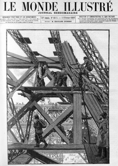 1889年世界博览会的埃菲尔铁塔作品，工人们在离地面五十米的地方。在1888年的 "图解世界 "中。 作者 法语学校