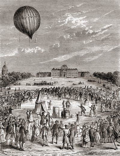 世界上第一个氢气球，于 1783 年在法国巴黎的香榭丽舍大街上空发射，来自 Les Merveilles de la Science，出版于 1870 年（雕刻） 作者 法语学校