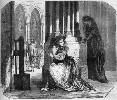 17世纪年轻的马德琳-德-帕鲁德（Madeleine de la Palude）被恶魔附身，仅凭她的眼睛之美就成功地吸引了宗教人士。她被关在乌苏里修道院里。在 "卖淫和脱衣舞的历史 "中的版画。 作者 法语学校