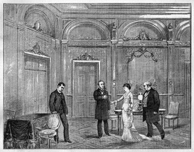 戏剧表现。"奥古斯特-瓦奎里（1819-1895）的《让-博德利》。第四幕。巴黎，法兰西剧院(Comedie Francaise)。1880年的版画，由 "La republique illustrstree "私人收藏。 作者 法语学校