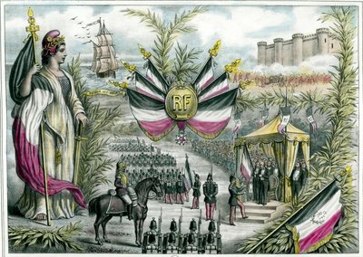 第三共和国：1880 年 7 月 14 日，凯旋的共和国在巴士底广场举行了盛大的全国庆典。7 月 14 日成为法国的国庆日，并采用了三色旗。1880 年左右的雕刻 私人收藏 作者 法语学校