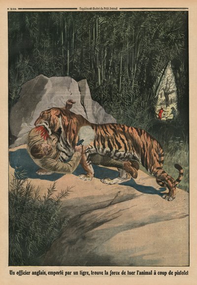 老虎攻击英国军官，封面插图来自&39;Le Petit Journal&39;，补充illustre，1913年8月3日 作者 法语学校