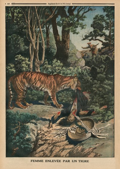 老虎攻击一名妇女，封面插图来自&39;Le Petit Journal&39;，补充illustre，1914年3月15日 作者 法语学校