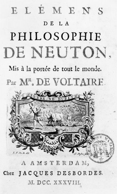 牛顿哲学元素的标题页由Francois Marie Arouet Voltaire（1694-1778）阿姆斯特丹出版，1738年出版 作者 法语学校