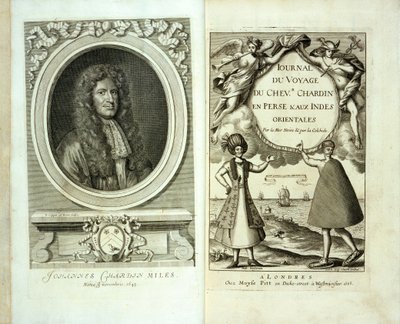 1686年Jean Chevalier Chardin在波斯和东印度群岛的Chevalier Chardin旅行的标题页和正面肖像 作者 法语学校