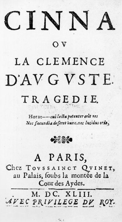 1643年出版的皮埃尔·科内尔（1606-84）的Cinna或奥古斯都的克莱门斯的标题页 作者 法语学校
