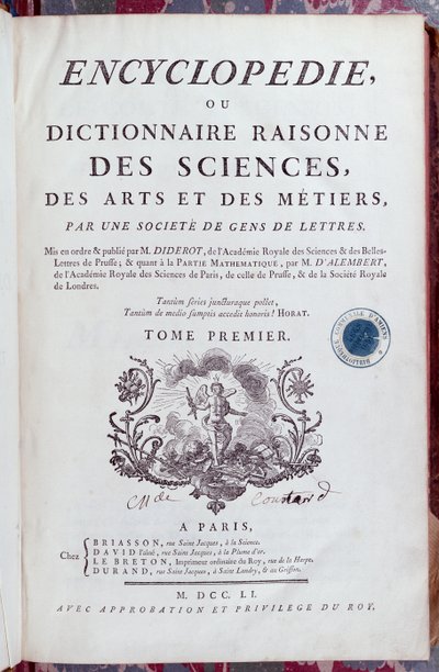 Denis Diderot（1713-84）的百科全书的标题页，于1751年在巴黎出版（另见157777） 作者 法语学校