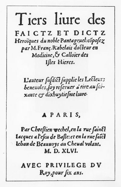 弗朗索瓦-拉伯雷的《Le Tiers livre des Faicts et Dicts Heroique du Bon Pantagruel》扉页（雕刻）。 作者 法语学校