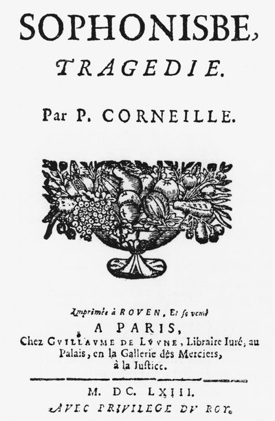 Sophonisbe的标题页由Pierre Corneille（1606-84）于1663年出版 作者 法语学校