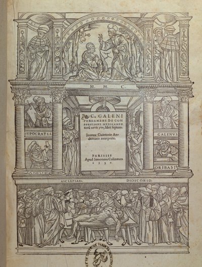 Galen（c.131-c.201）一书的标题页，于1530年在巴黎出版 作者 法语学校
