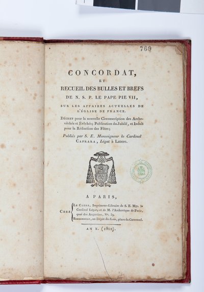 NSP Pope Pius VII的Concordat和公牛集合的标题页，由巴黎的Giovanni Battista Caprara出版，Chez Le Clers，1802年（印刷纸） 作者 法语学校