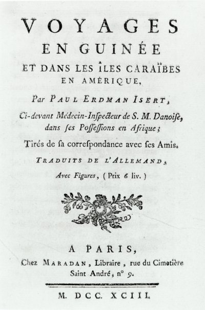 1743年出版的Paul Erdman Isert在美国几内亚和加勒比群岛旅行的标题页 作者 法语学校