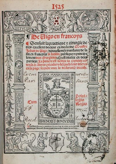 让-德-维哥（1460-1525）的外科书的扉页 1525年（木刻）。 作者 法语学校